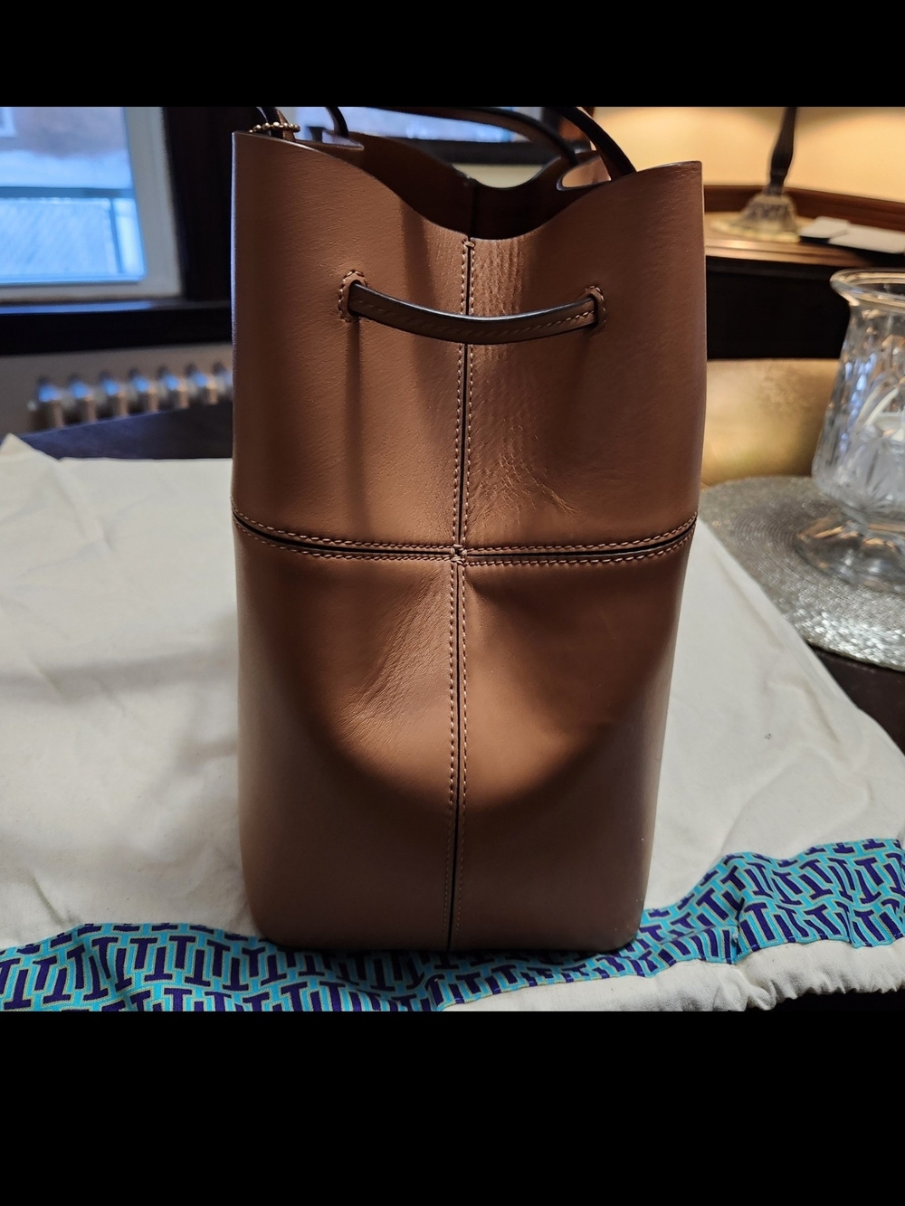 Tory Burch Cognac Leather Bucket Satchel with Drawstring Charm - Picture 5 of 11